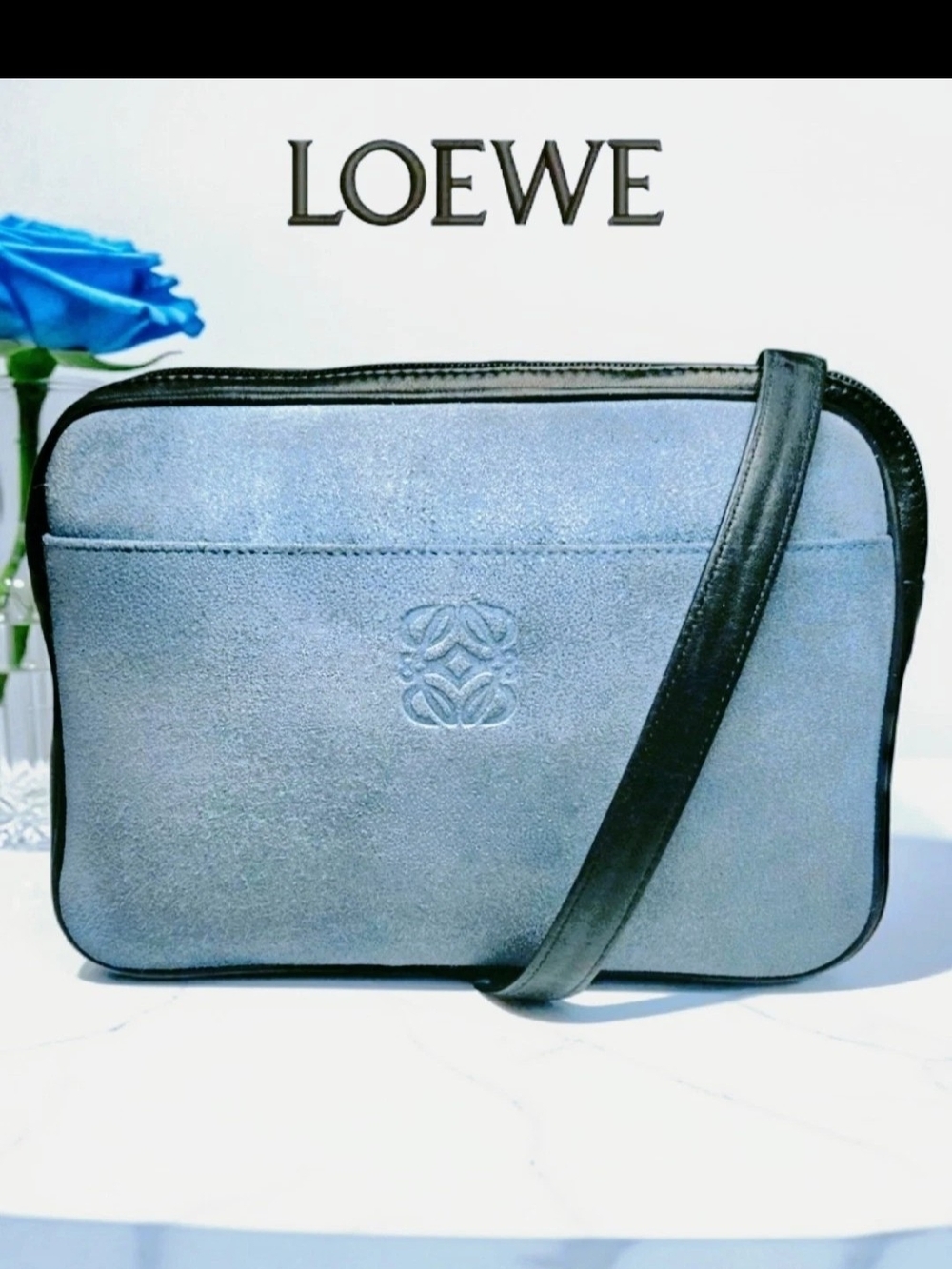 Vintage LOEWE Anagram Blue Suede & Black Lamb Skin Crossbody Camera Bag in EUC